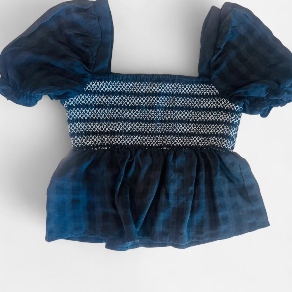 Dizzy Lizzy Navy Gingham Smocked Puff Sleeve Peplum Top Womens Small Cottagecore